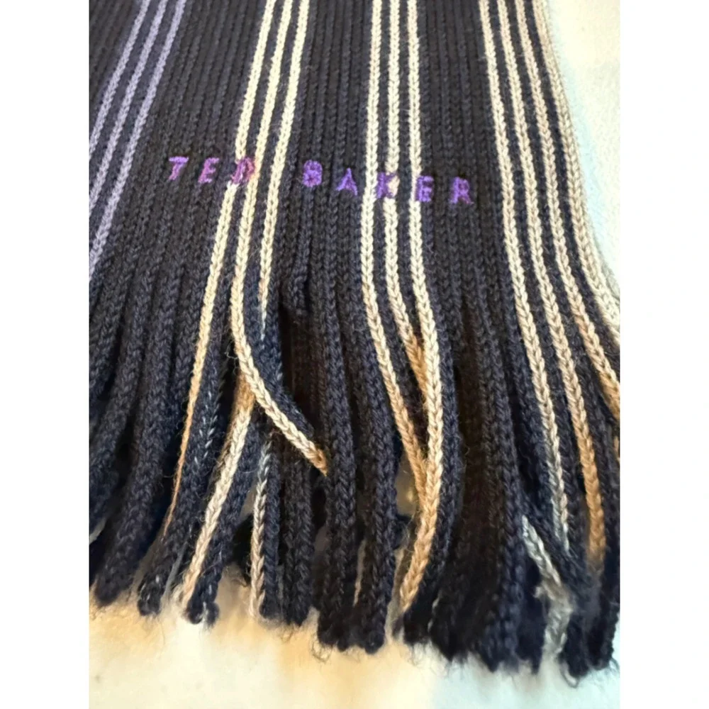 Ted Baker London Mens Wool Scarf Purple Navy Striped Made in Germany XA1M XV44